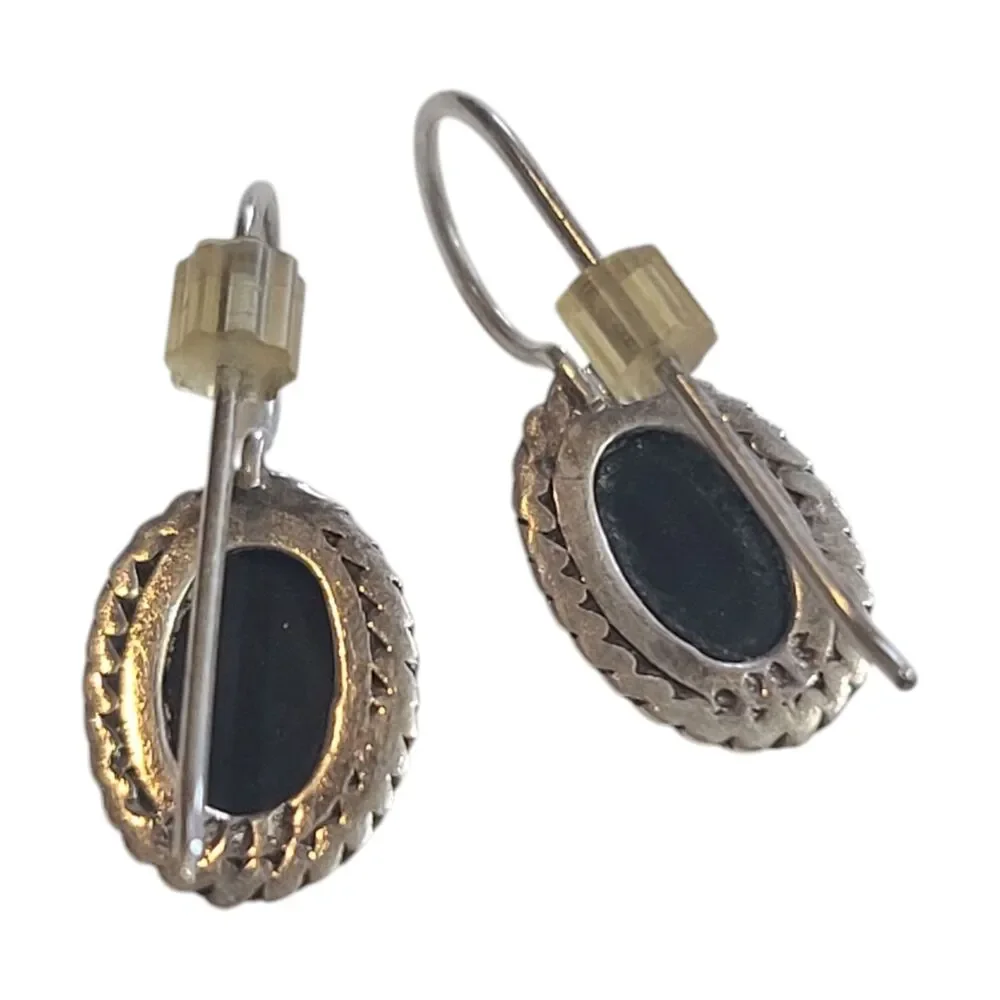Vintage 925 Sterling Silver Black Onyx Oval Dangle Earrings
